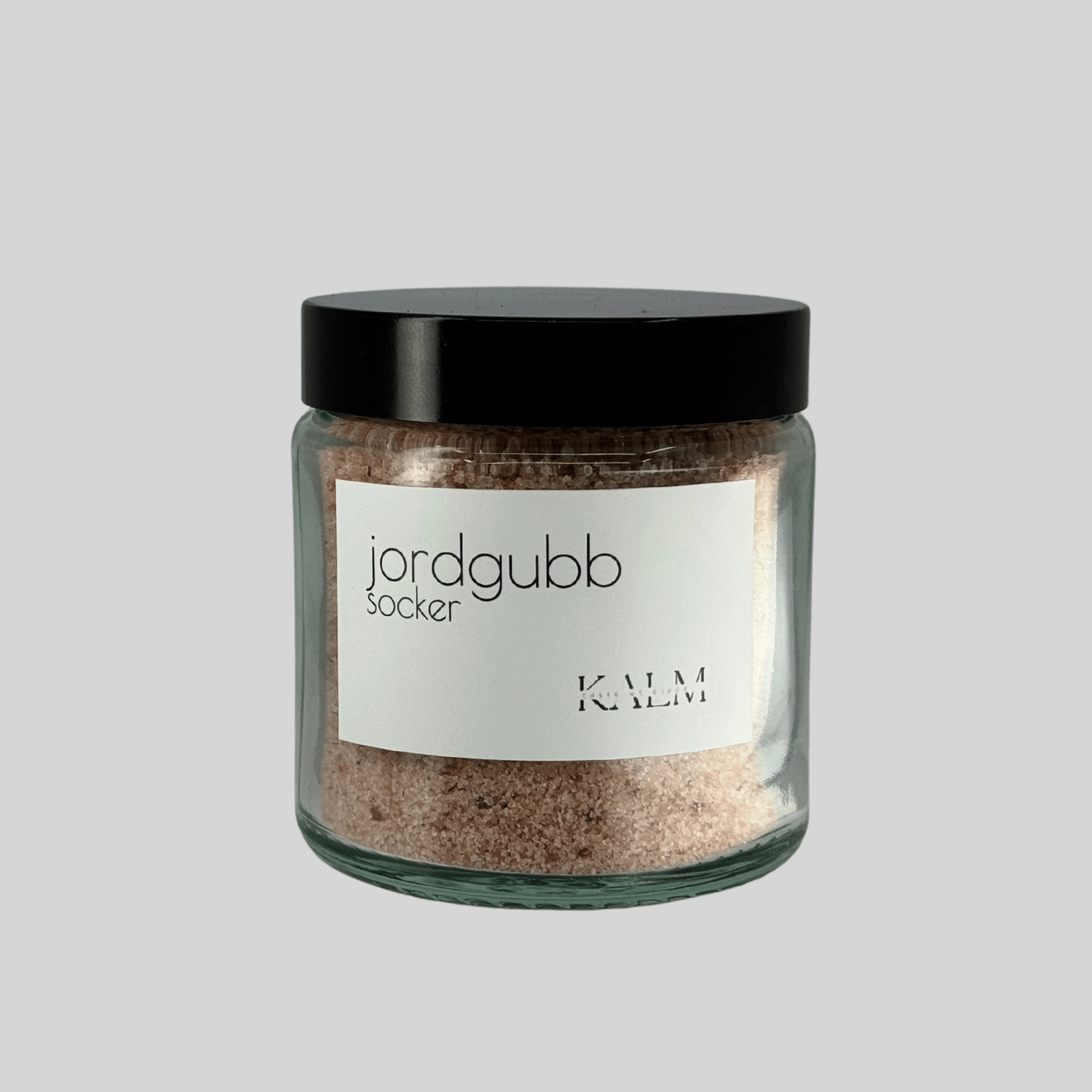 burk med Jordgubbssocker från Kalm Taste – handgjort smaksatt socker med torkade jordgubbar från Öland, perfekt till bakning och desserter