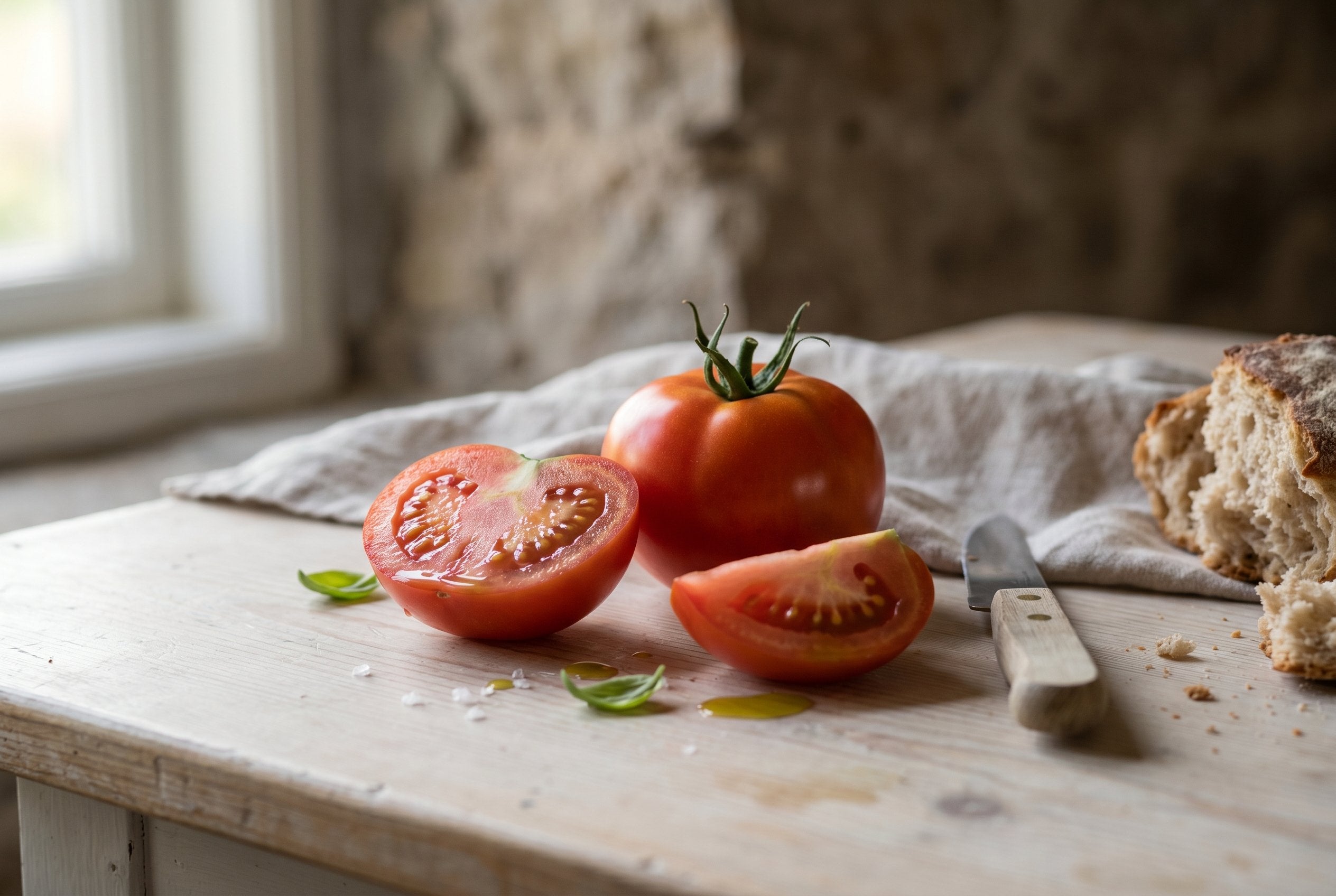 Solvarma tomater på ljust träbord med basilikaolja, flingsalt och surdegsbröd i mjukt kvällsljus från fönster. Nordisk editorial food-bild med naturliga råvaror och lugn sensommarkänsla.