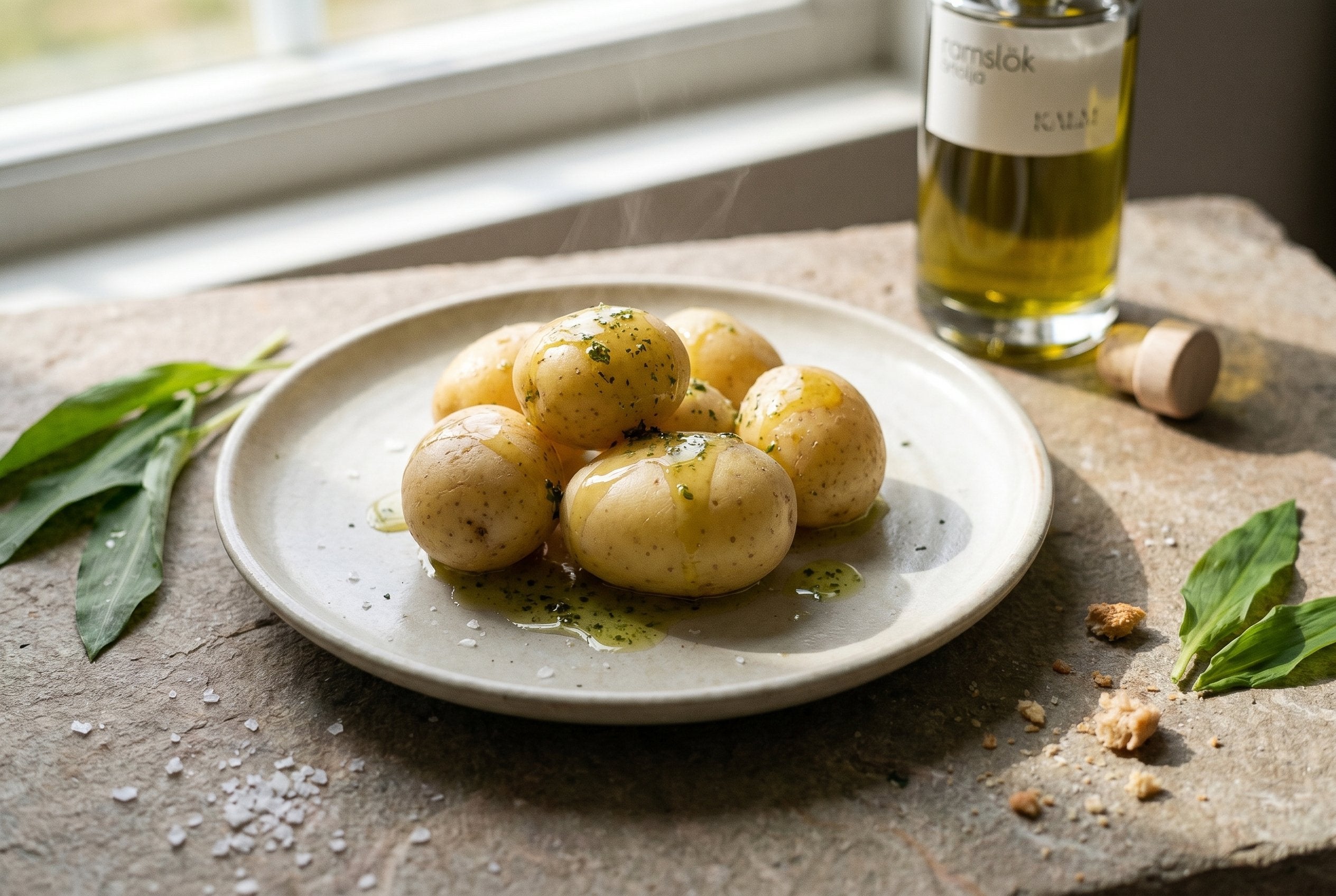 Färskpotatis med ramslöksolja från Kalm Taste serverad på ljus keramiktallrik i naturligt dagsljus. Enkel nordisk sommarmat med flingsalt och ånga från nykokt potatis.