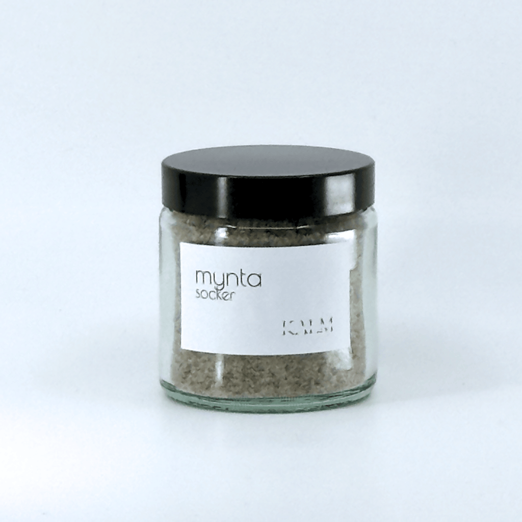 Kalm Taste Myntasocker – handgjort svenskt socker smaksatt med torkad mynta från Öland, frisk och aromatisk sockerblandning.